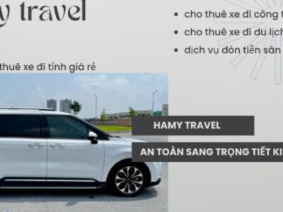 Có bức ảnh có chiếc xe màu trắng ,phía trên là dòng chữ HAMY TRAVEL và các hàng chữ kế bên , Thuê xe oto tại Nghệ An