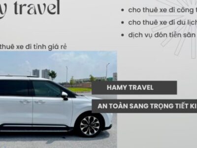 Có bức ảnh có chiếc xe màu trắng ,phía trên là dòng chữ HAMY TRAVEL và các hàng chữ kế bên ,Thuê xe oto đi Nam Định