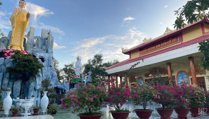 Có 6 chậu hoa bên trái là tượng Đức Phật và Quan Âm bên phải là ngôi chùa