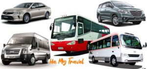 có 5 chiếc xe ,taxi gia đình màu xám đen ,xe buýt màu đỏ với trắng, xe oto du lịch có dòng chữ HAMY TRAVEL màu cam bên dưới chiếc xe tạiThuê xe du lịch Hà Nội