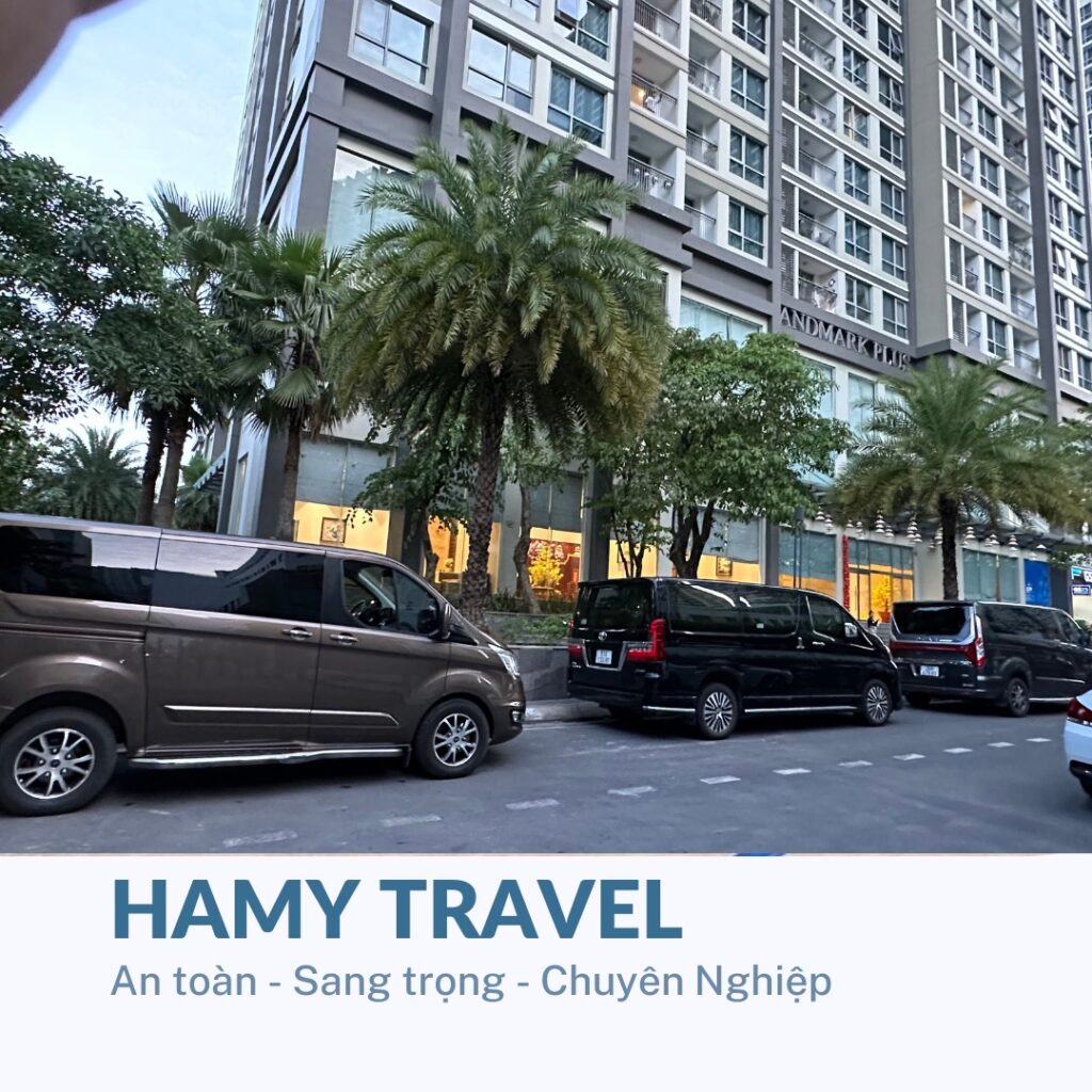 có 3 oto 2 oto màu đen 1 oto màu nâu phía sau là hàng cây xanh phía sau hàng cây là toàn nhà cao tầng bên dưới có chữ HAMY TRAVEL thuê xe du lịch Ninh Thuận