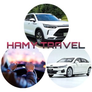 có dòng chữ HAMY TRAVEL và ba hình ảnh cái xe tại dịch vụ thuê xe du lịch phú yên
